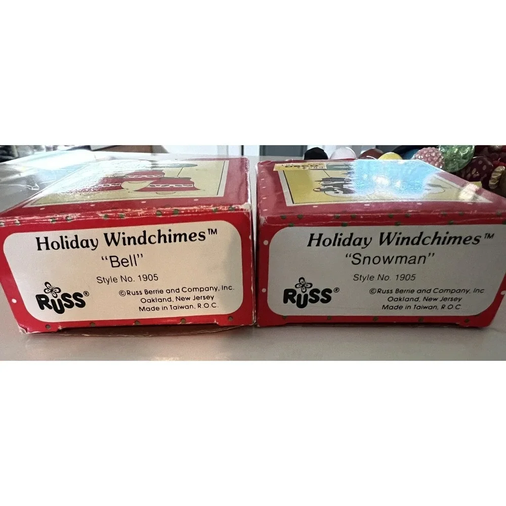 Vintage RUSS Holiday Windchimes,  Ceramic hanging ornaments. Bell &‎ Snowman
